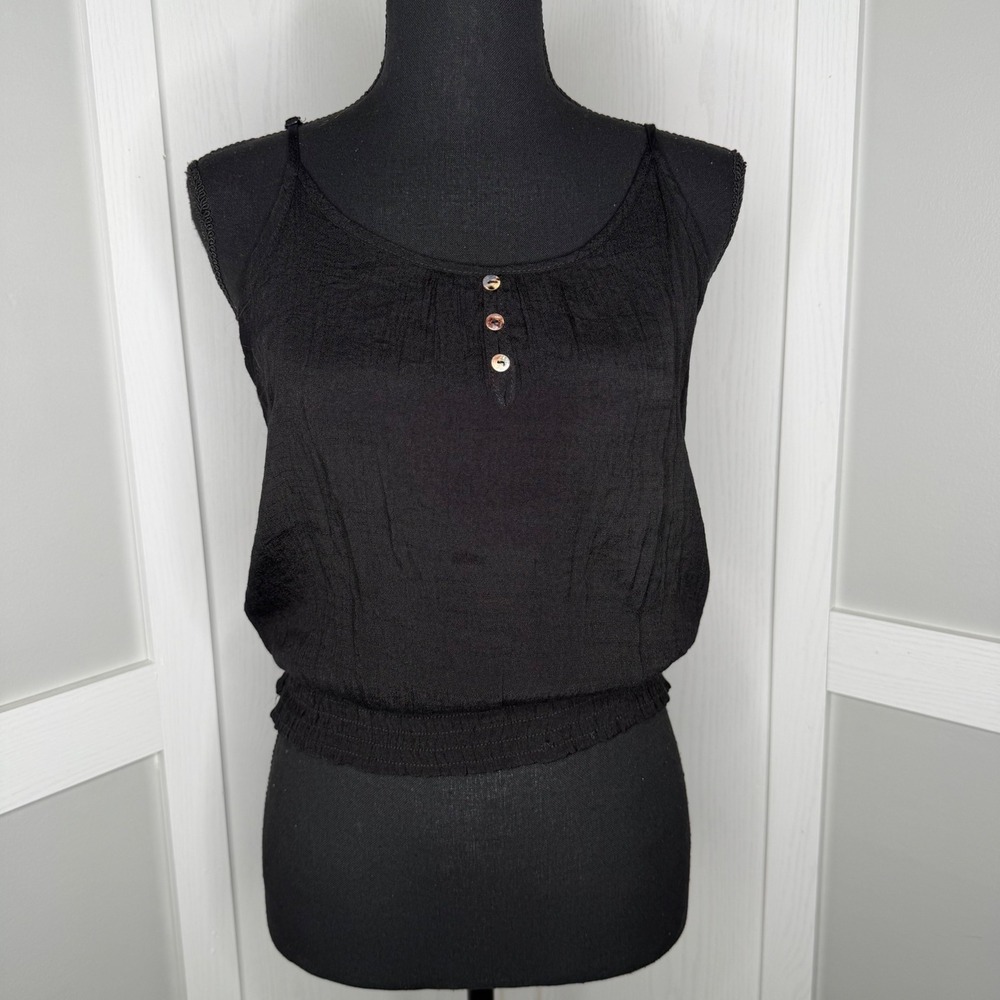 DNA Couture Tank Top Womens Large Black Adjustable Strap Smocked Hem Blouse
